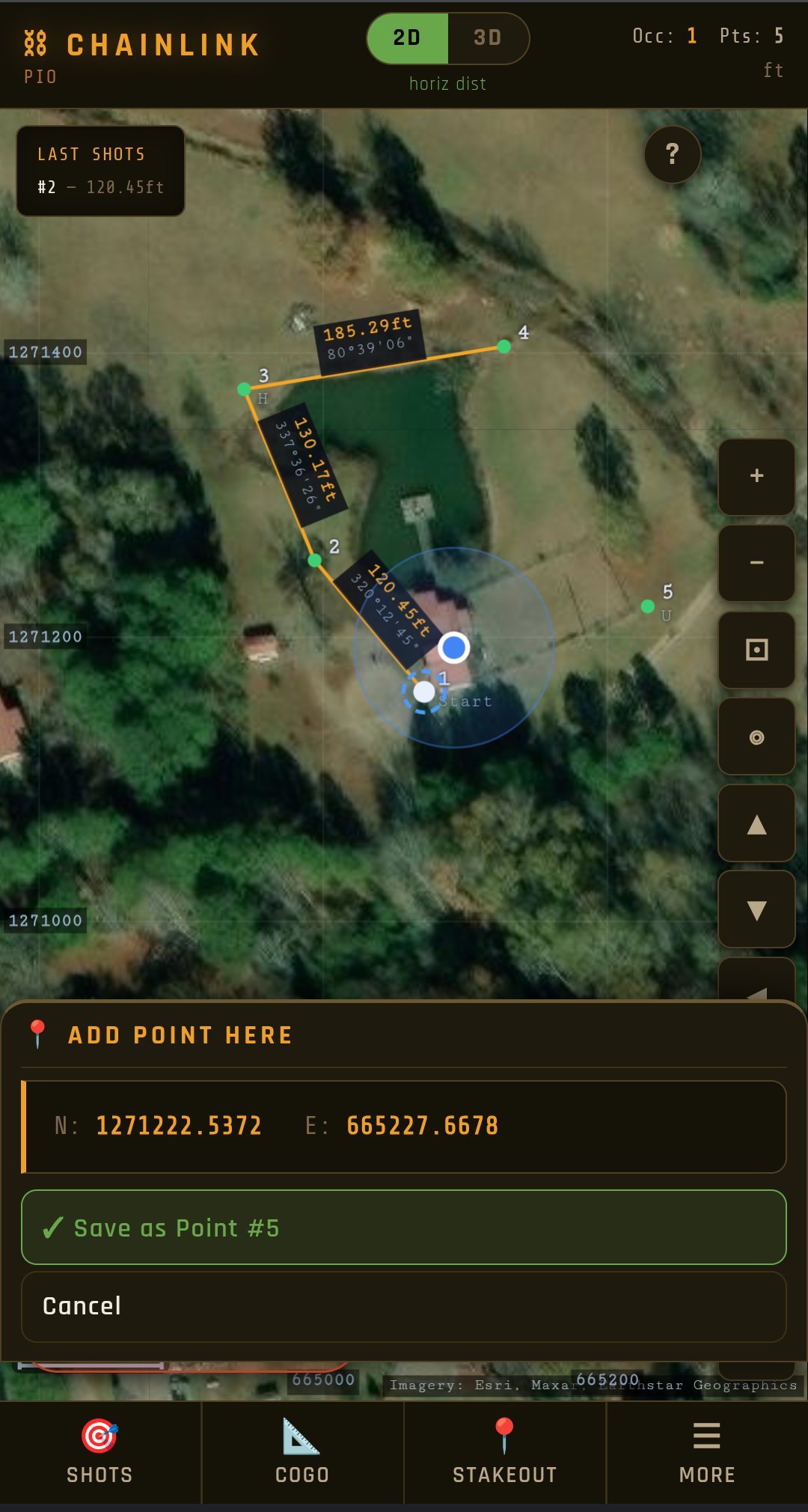 ChainLink on a phone — a measured traverse with bearings and distances drawn over live satellite imagery, with the crew's GPS position shown as a blue dot